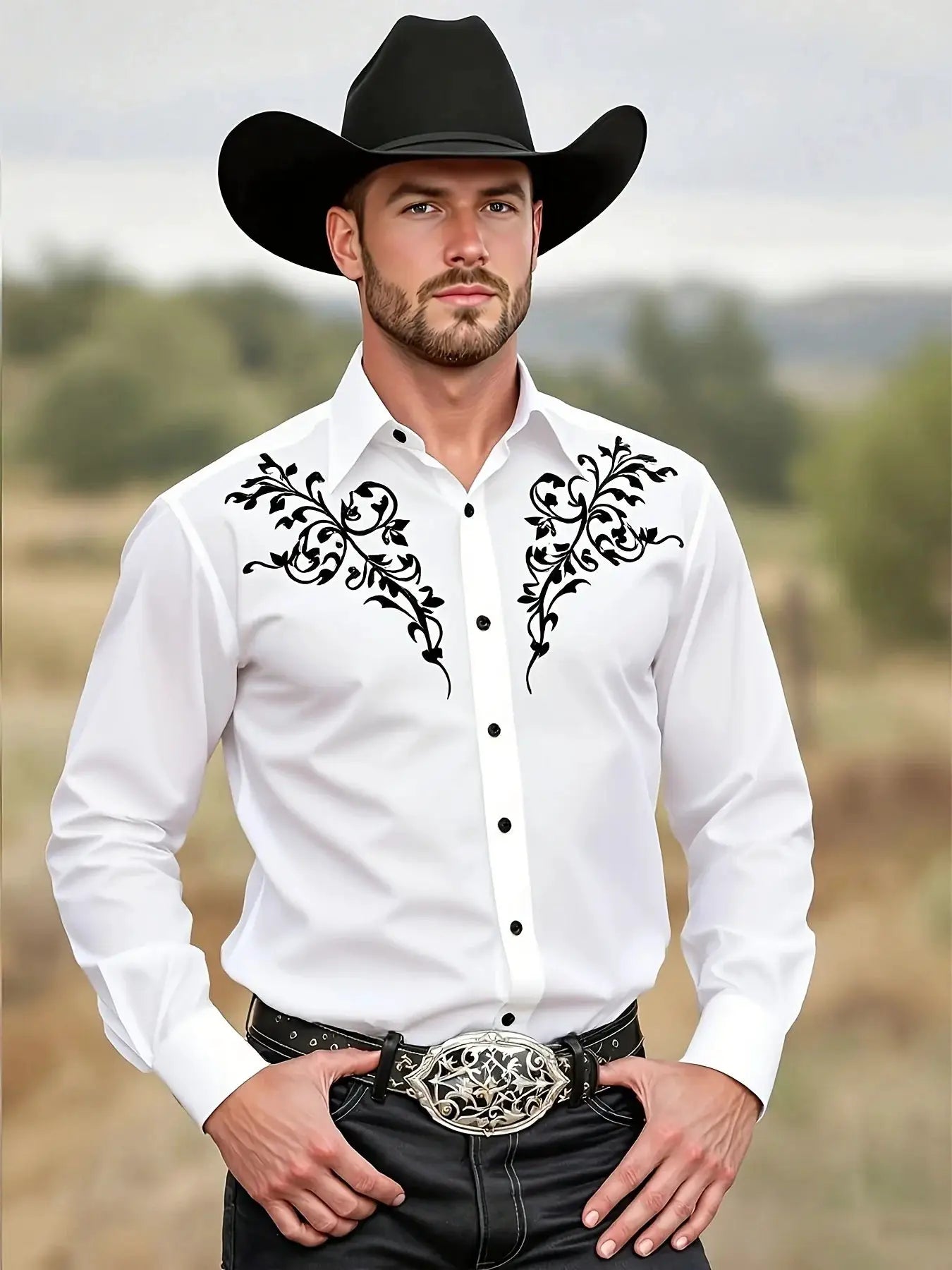 Men's Western shirt with black tribal embroidery on white, long sleeves, slim fit