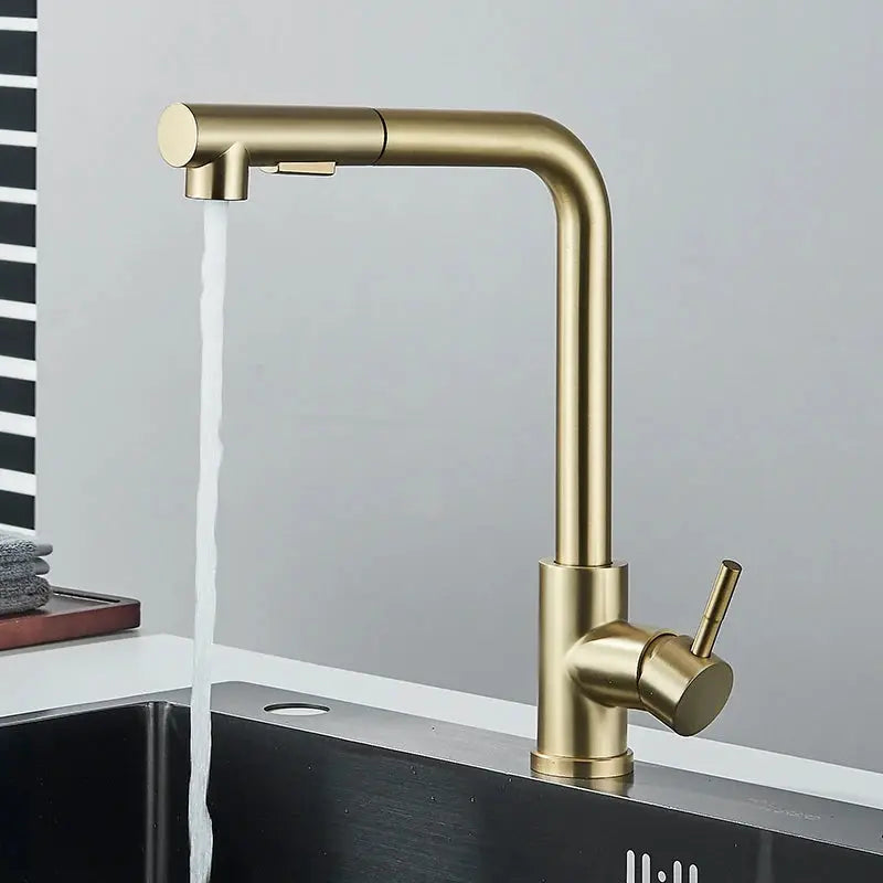 Simples Market Rozin kitchen faucet in brass/gold finish with tall gooseneck, single lever, and deck-mounted design