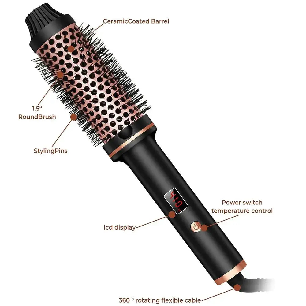 3-in-1 ionic hair curler straightener with ceramic-coated rose-gold barrel and 1.5-inch round brush