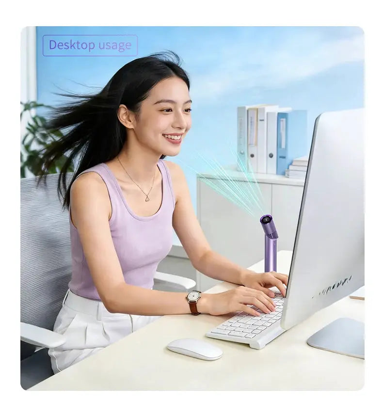 Simples Market lipstick-style mini handheld fan in purple; brushless motor, portable USB charging for desktop use.