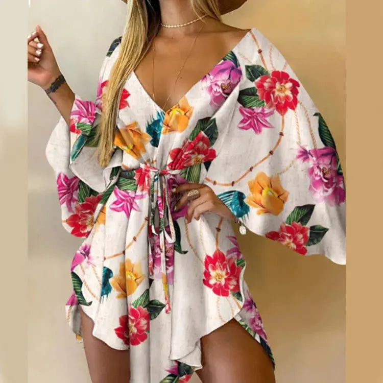Women Boho Floral Print V Neck Bat Sleeve Ruffle Sundress Beach
