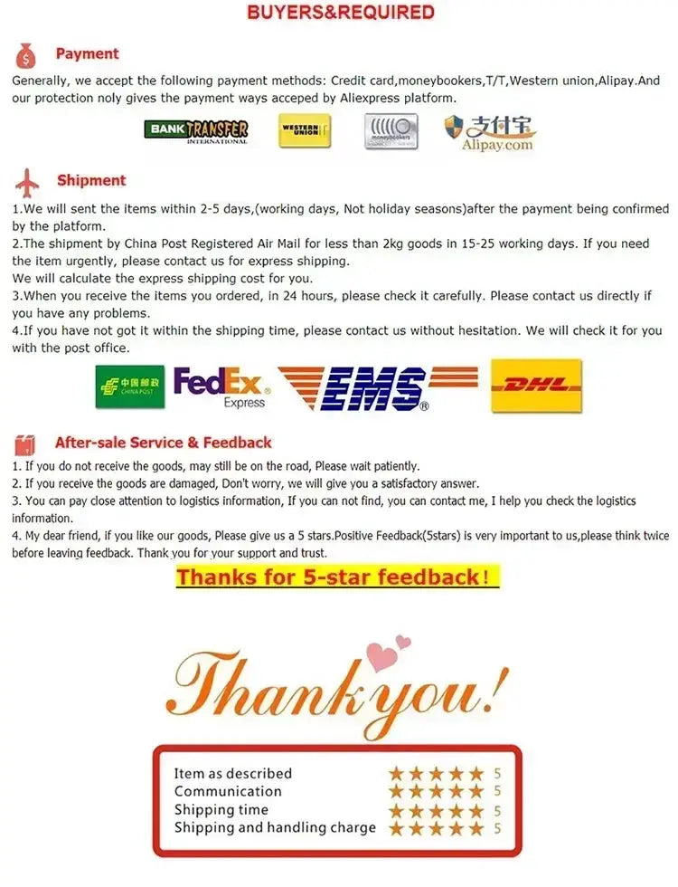 Product policy page showing payment, shipment, after-sale details with FedEx/EMS/DHL logos and Thank you graphic.