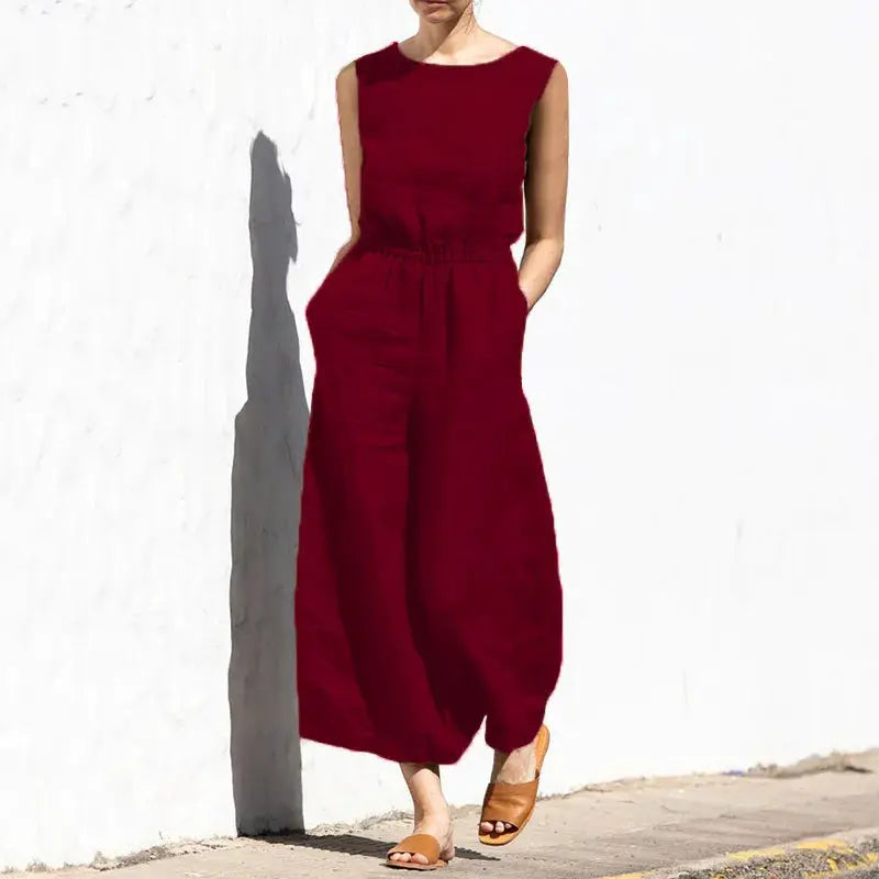 Women's burgundy cotton linen jumpsuit with pockets, sleeveless, high waist, wide legs