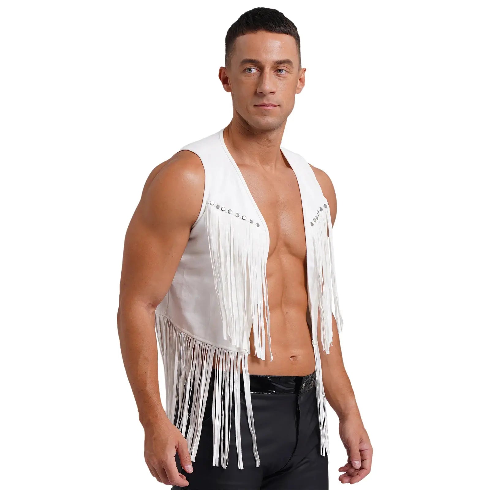 Mens faux suede tassel vest in white with fringe and rivet accents, open-front sleeveless waistcoat
