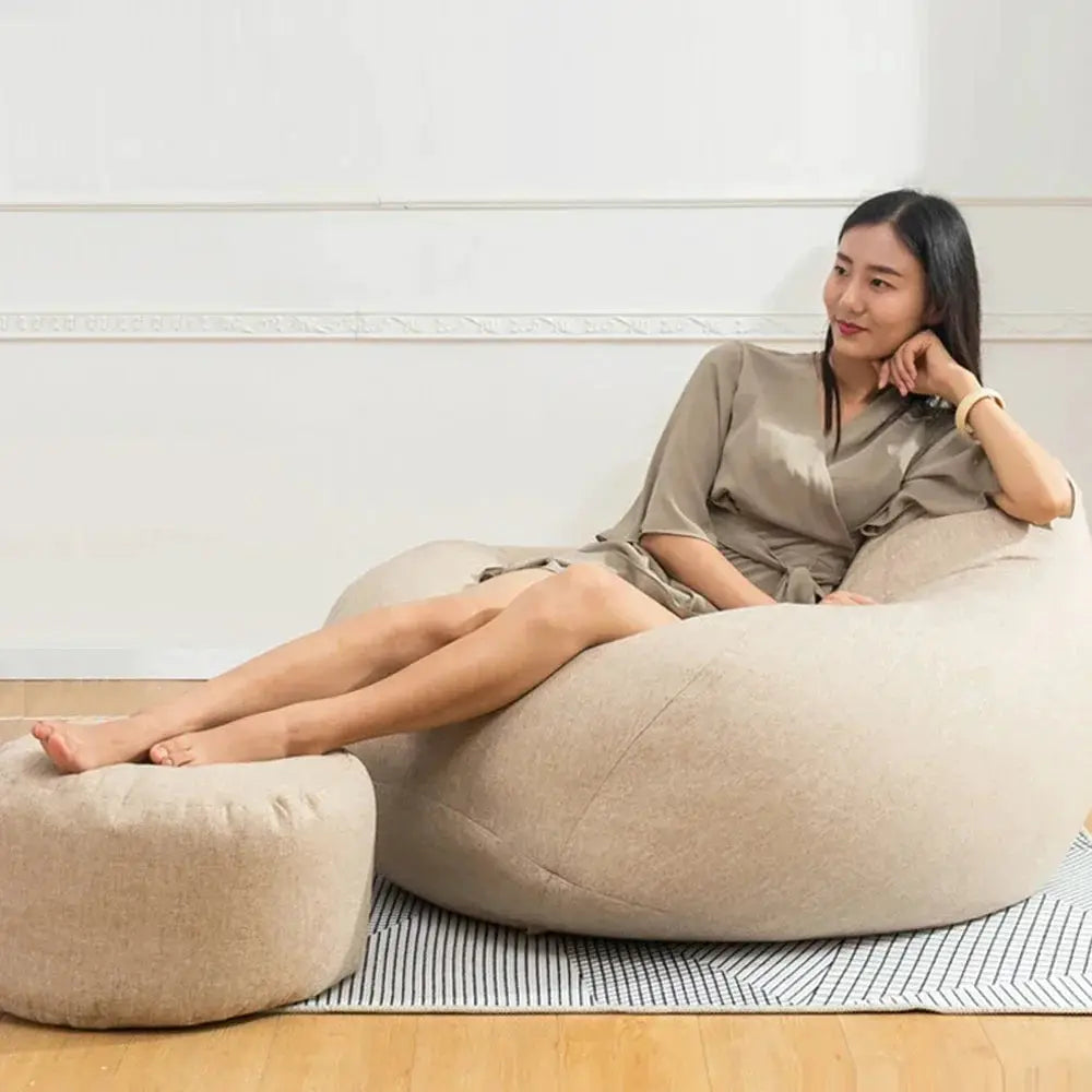 Simples Market OTAUTAU linen bean bag chair with filling; beige 2-piece lounge set with a matching round pouf ottoman