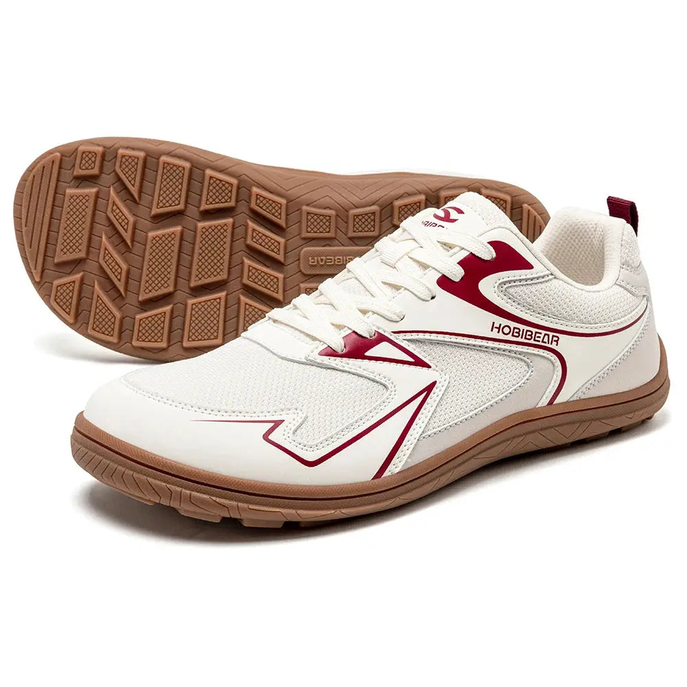 HOBIBEAR barefoot minimalist sneakers, white mesh with maroon accents and gum sole