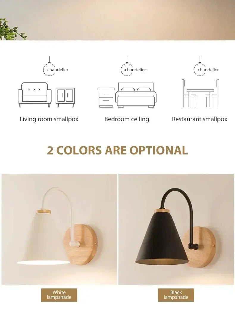Nordic wall sconce with wooden backplate and curved arm; white or black lampshade options