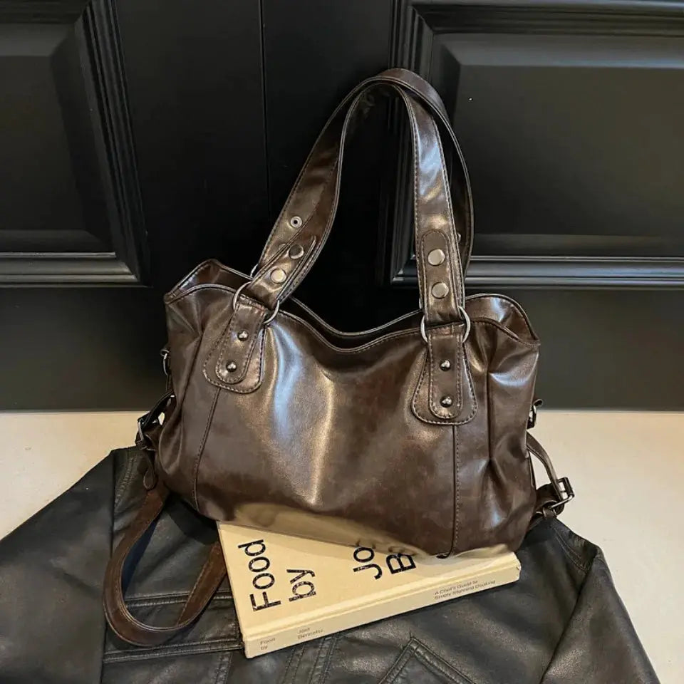 Roomy brown PU leather shoulder bag with dual handles and detachable strap, large capacity