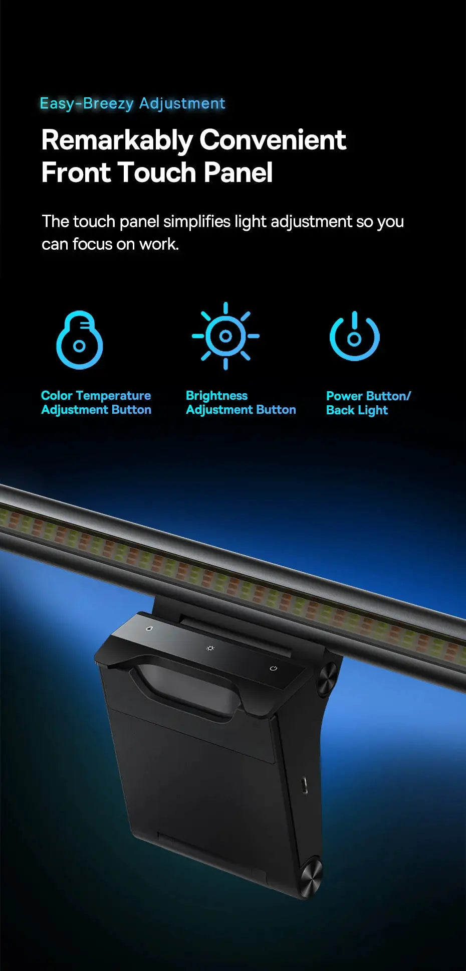 Baseus screen light desk lamp, black body with USB port and long LED light bar
