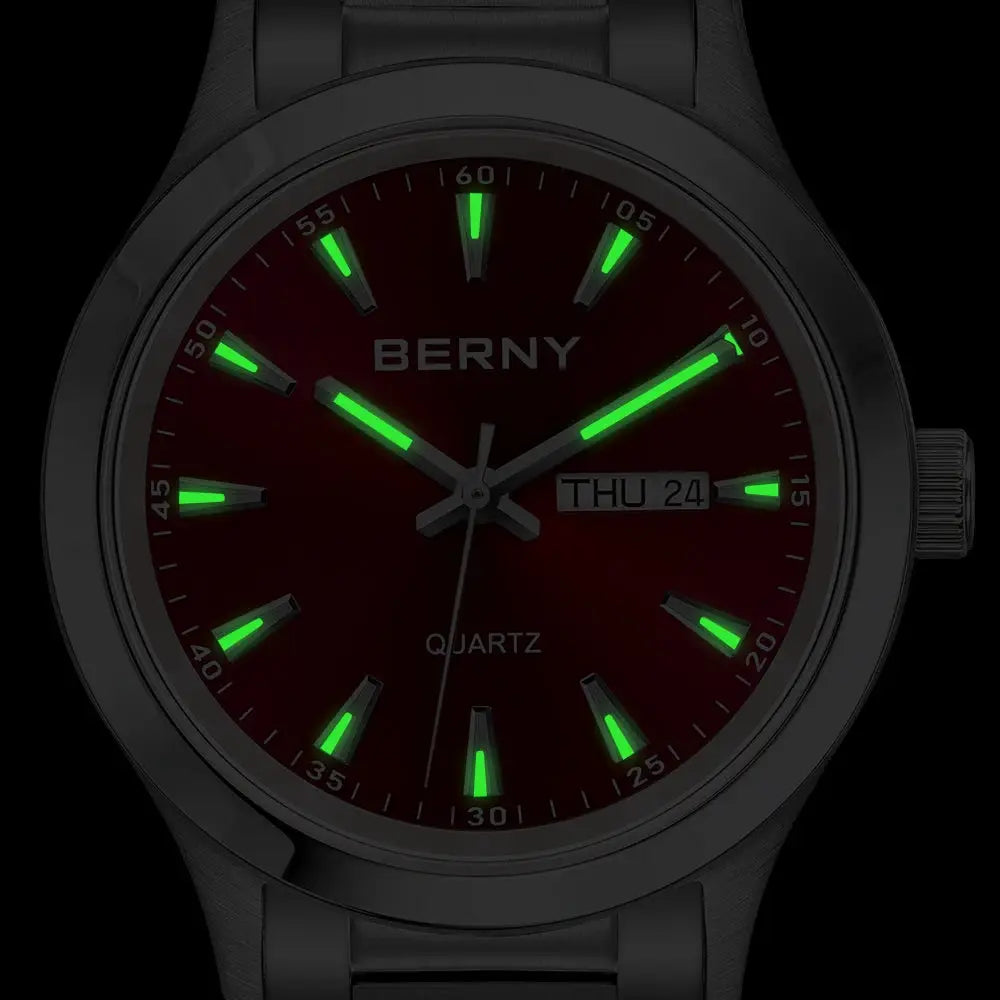 BERNY men's quartz watch with luminous green markers on a red dial, day-date window, stainless steel case