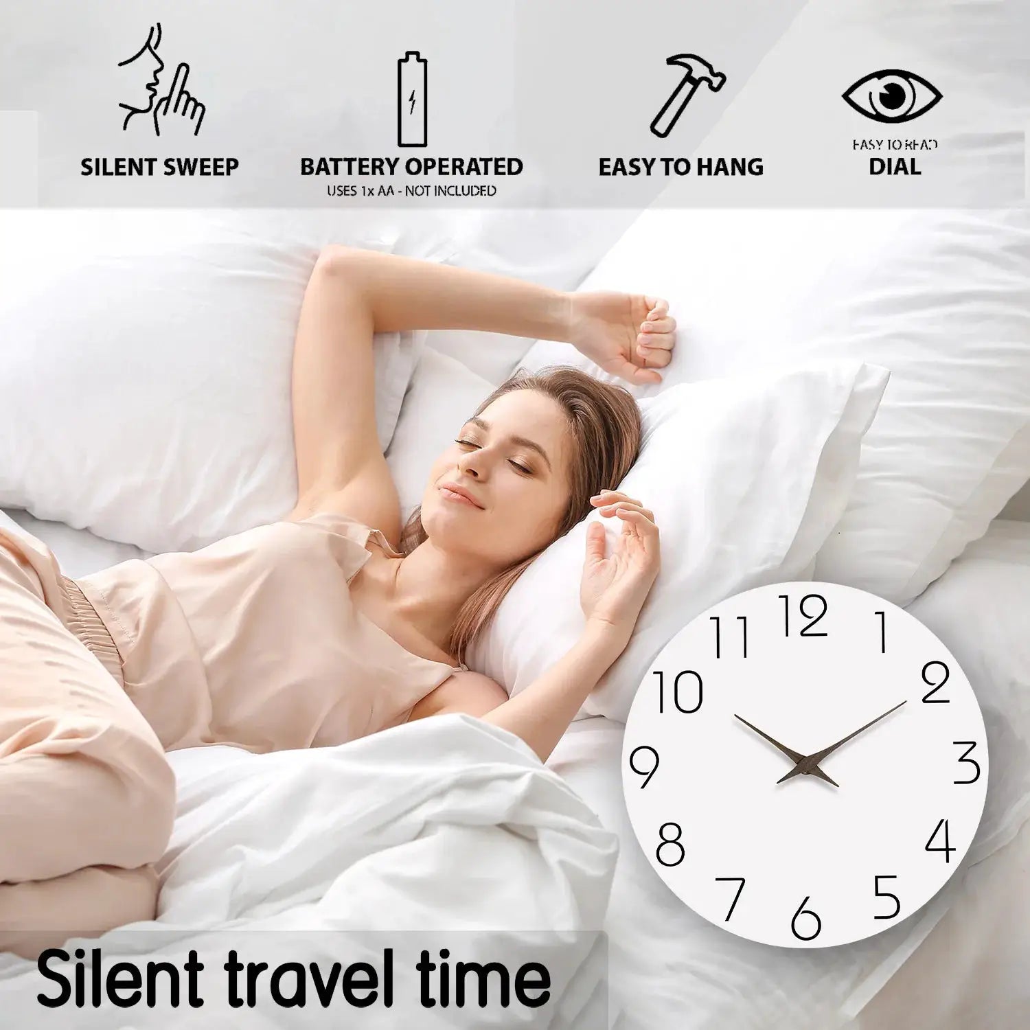 Simples Market white wooden wall clock with black numerals and silent quartz movement in a bedroom setting