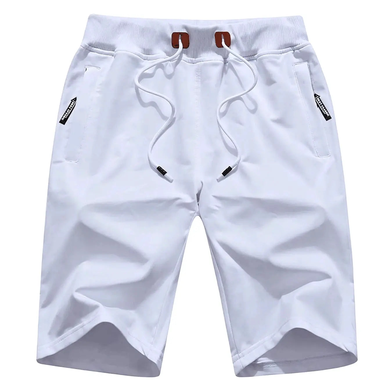 Men's white cotton shorts with drawstring waist, zip pockets, knee-length jogger style