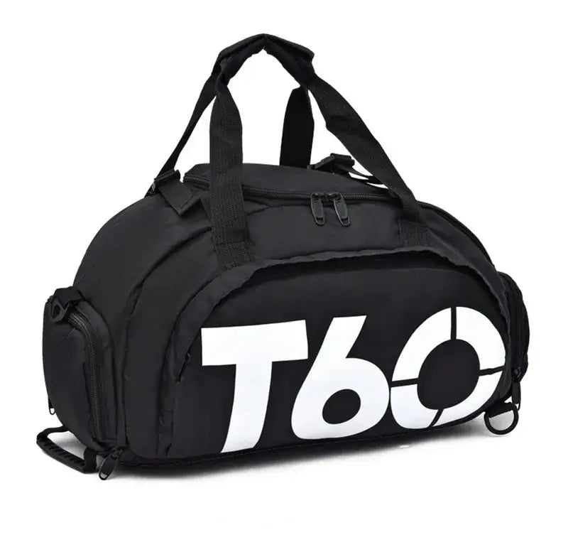 Gym bag duffel, black waterproof material with bold white T60 logo and top handles