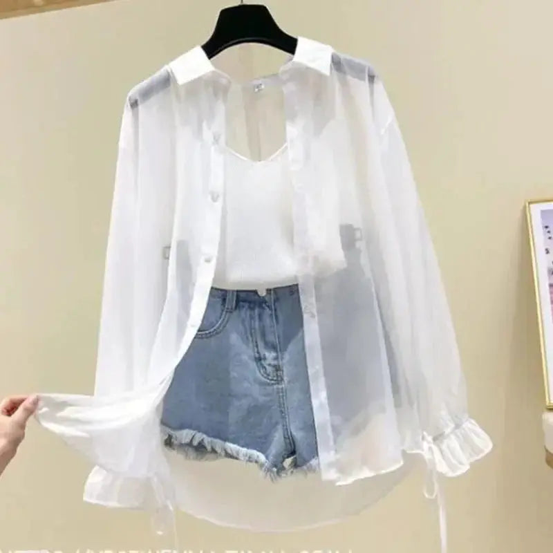 White chiffon blouse for women by Simples Market, sheer loose button-up with long sleeves and ruffle-tie cuffs