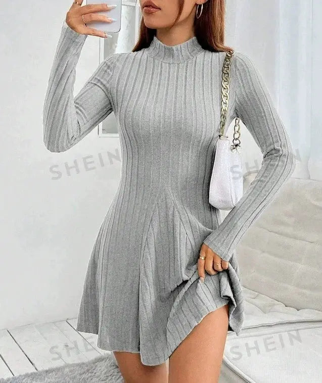 LuxeWeave Womens Slim Fit Dress With Half High Collar Cinched Waist Aline Pinstripe Long Sleeves For Autumn And Winter