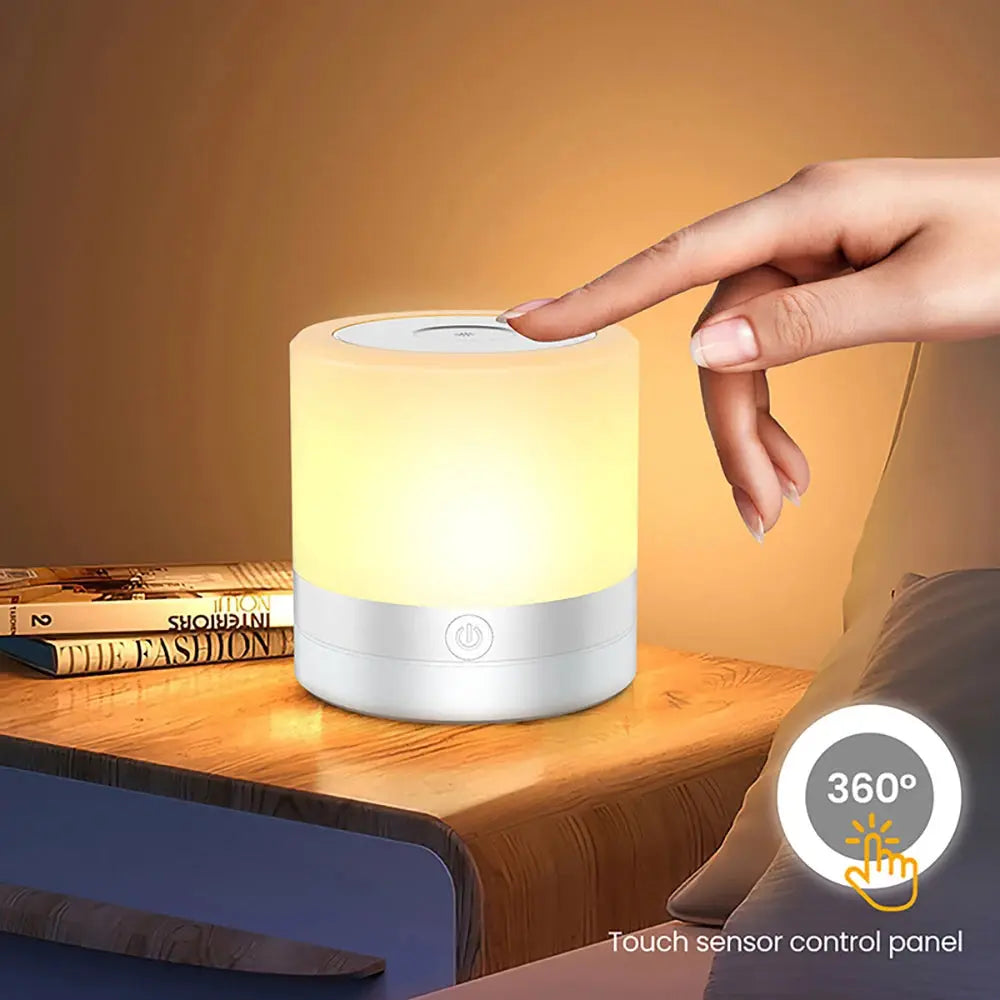 RGB night lamp with touch control, color-changing bedside light on a wooden table.