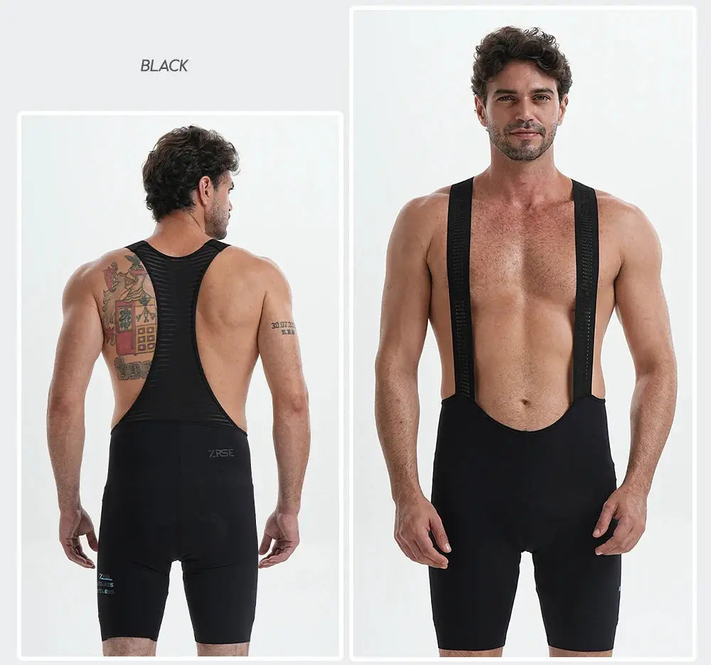 Men's black Simples Market cycling bib shorts with breathable mesh back and wide straps, front and back views.