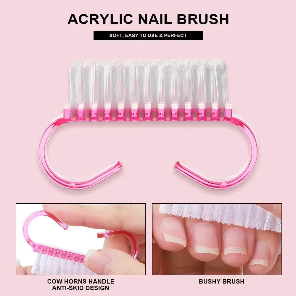 Acrylic nail brush with pink curved cow-horn handle and clear bristles from Simples Market