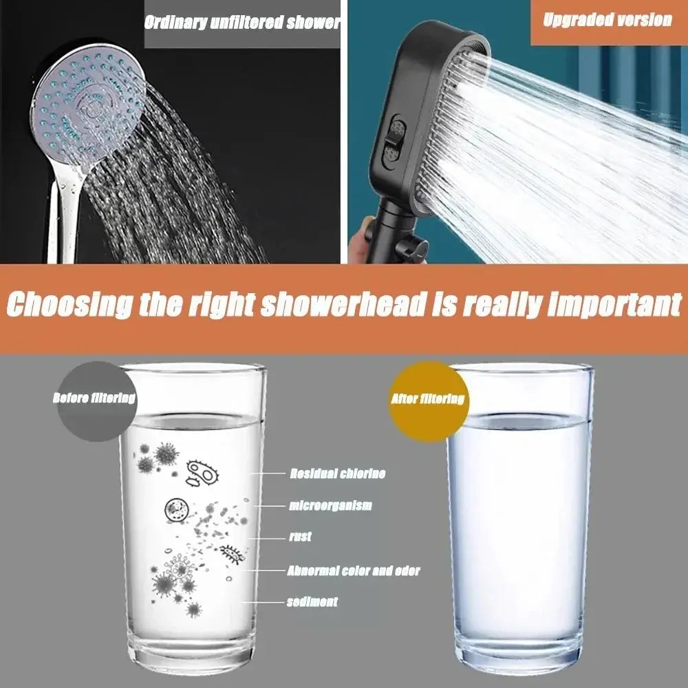New High Pressure Shower Head with 3 modes by Simples Market; upgraded black version shown beside chrome head