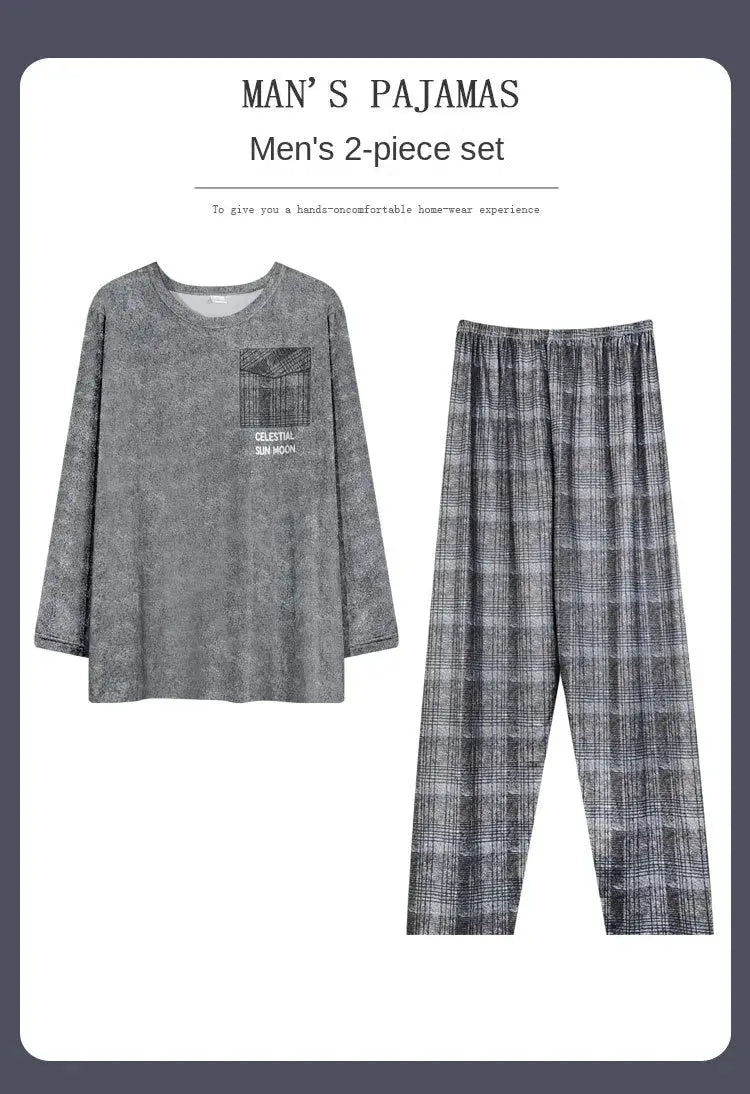 2PCS/Set Men Pajamas Long-Sleeved Korean Version of the Simple Button down Tops and Pants Nightwear Homewear Plaid Sleepwear