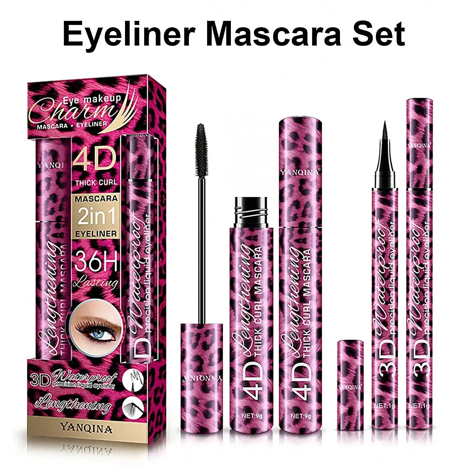 YANQINA All-In-One Eye Makeup Set With 4D Waterproof Eyeliner Pencil Thick Curling Mascara Defining Eyebrow Pencil