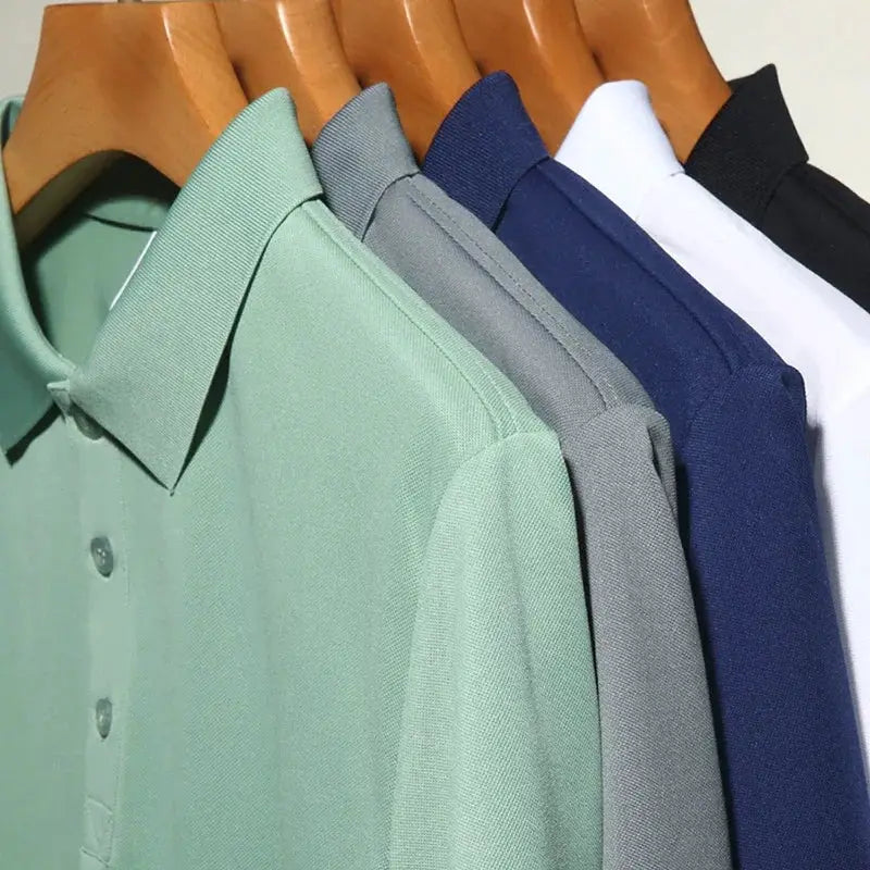 Men's polo shirt set: breathable solid short-sleeve tops in five colors—mint green, gray, navy, white, black