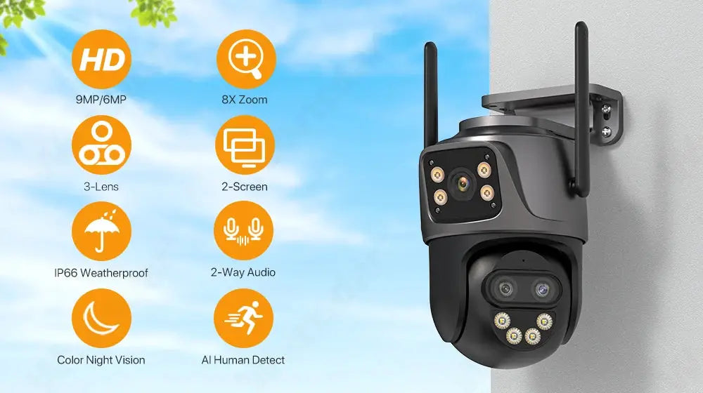 Simples Market IP Camera outdoor security camera with dual antennas; 9MP/6MP HD, 8x zoom, 3-lens, 2-screen.