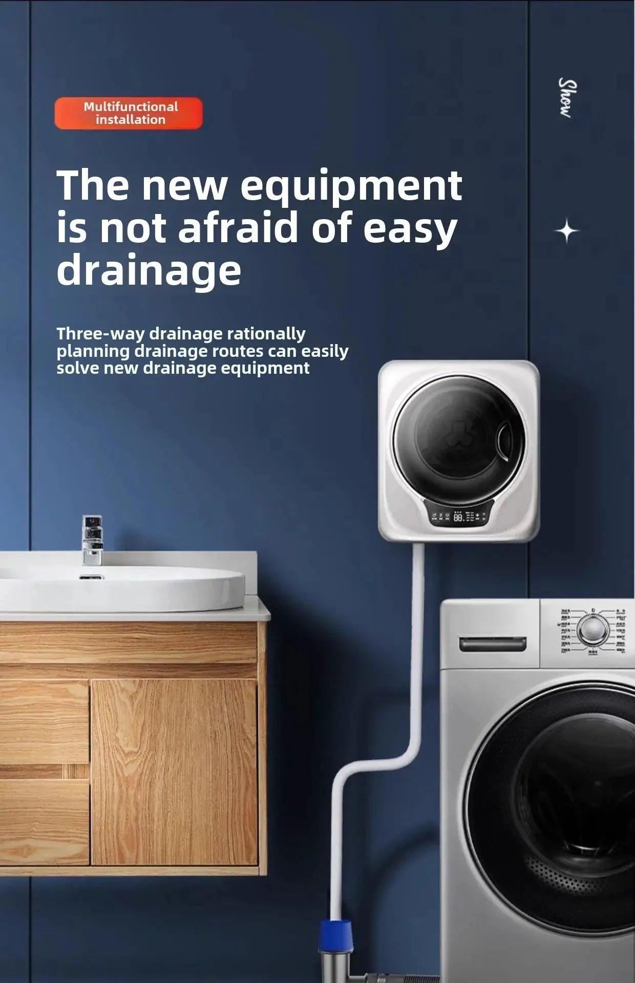Universal washing machine floor drain 2-in-1 sewer connector and white hose adapter in a modern laundry room