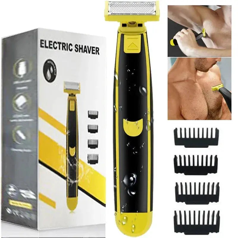 Electric shaver in yellow and black with four comb attachments for body grooming