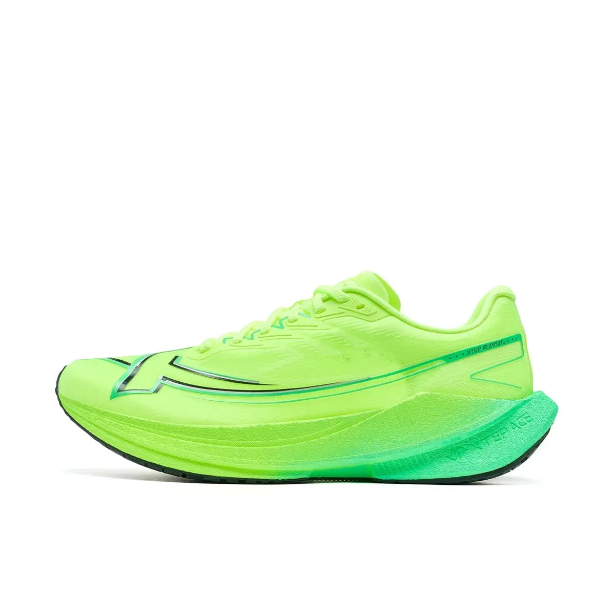 Xtep Shyft 1.0 men's running shoe neon lime green with curved midsole and side logo accents