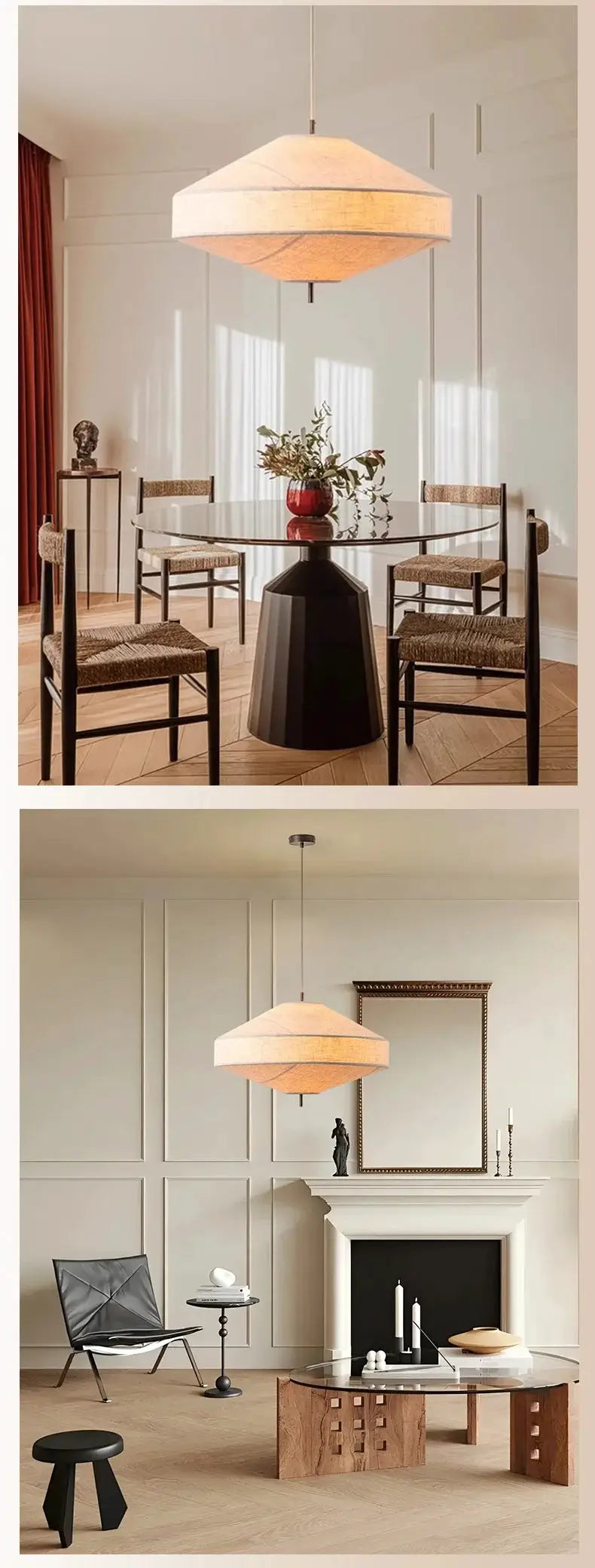 Simples Market Japanese Wabi Sabi fabric pendant light with cream shade and warm glow over a dining table