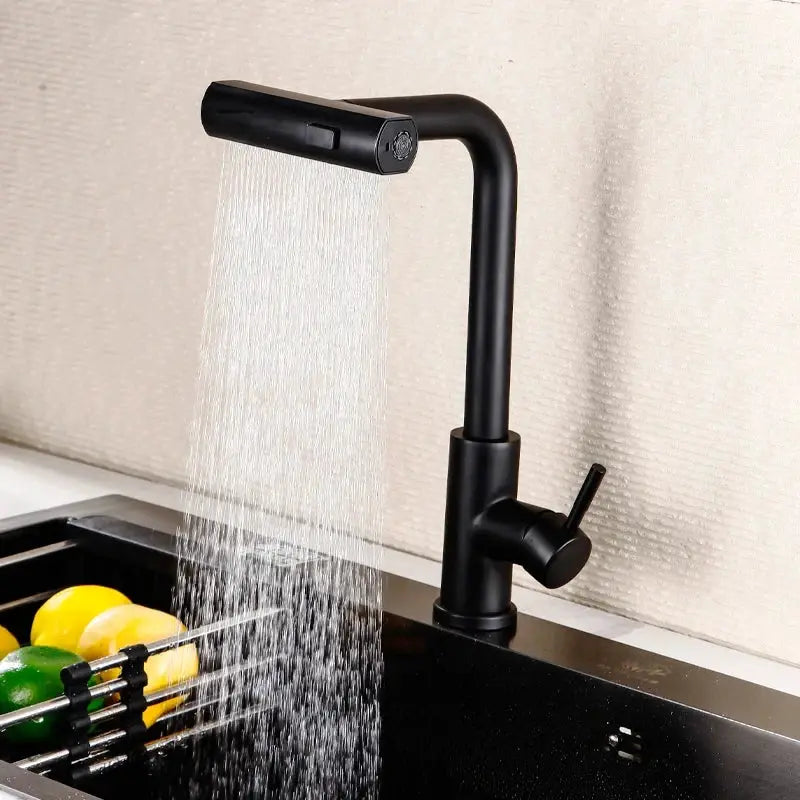 Matte black pull-out kitchen faucet with deck-mounted base and spray stream mode