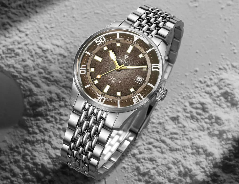 CADISEN men's automatic mechanical watch with silver stainless steel bracelet, brown domed dial and date window