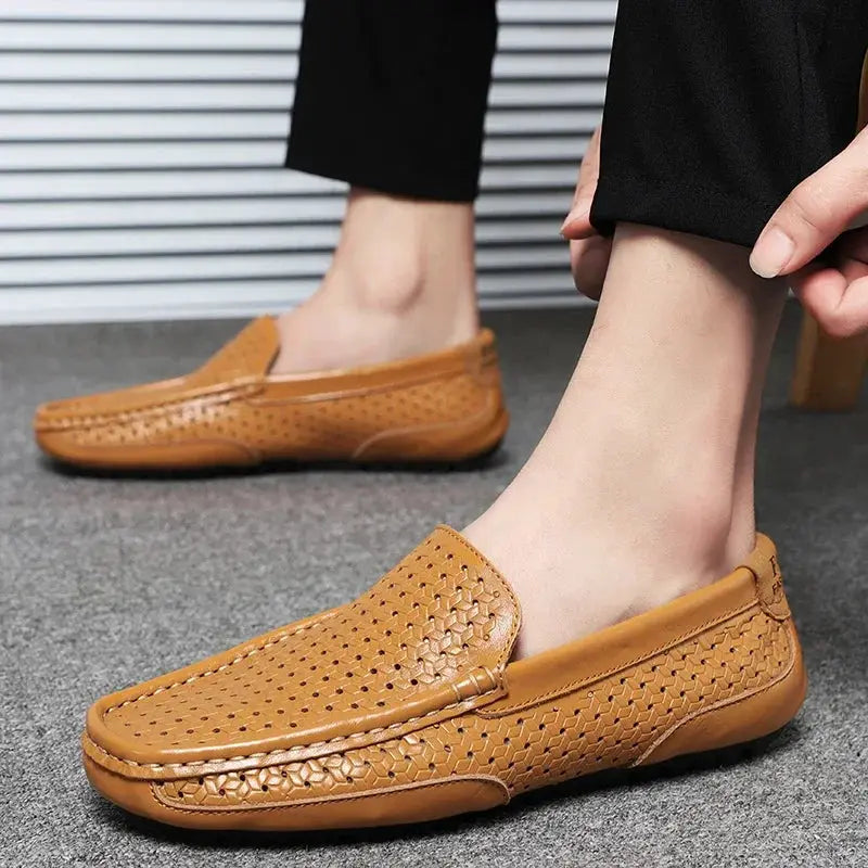 Simples Market men's tan genuine leather perforated loafers; breathable hollow-out slip-on driving moccasins (pair)
