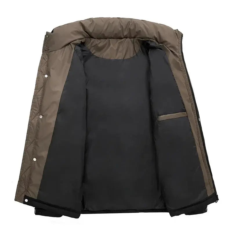 Men's brown and black duck-down puffer jacket by Simples Market, windproof outdoor coat