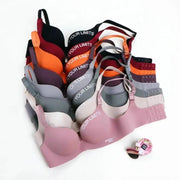 Simplicity letters-printed bralette set; multi-color seamless cups with deep-V design