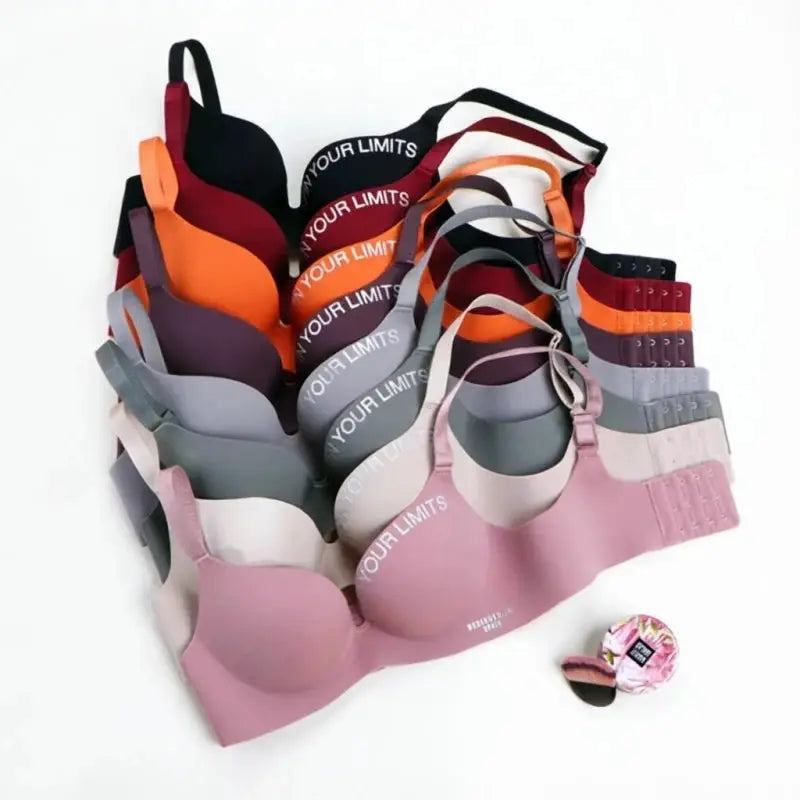 Simplicity letters-printed bralette set; multi-color seamless cups with deep-V design