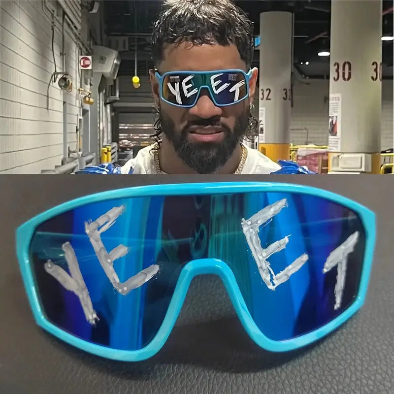 Two blue eyewear items: wraparound sunglasses and turquoise mirrored ski goggles with YEET lettering