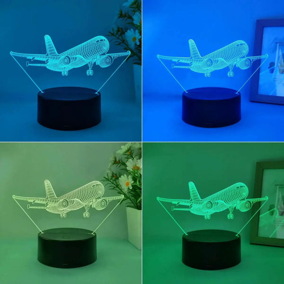 1pc aircraft model 3D night light by Simples Market with USB, four color variants on display.