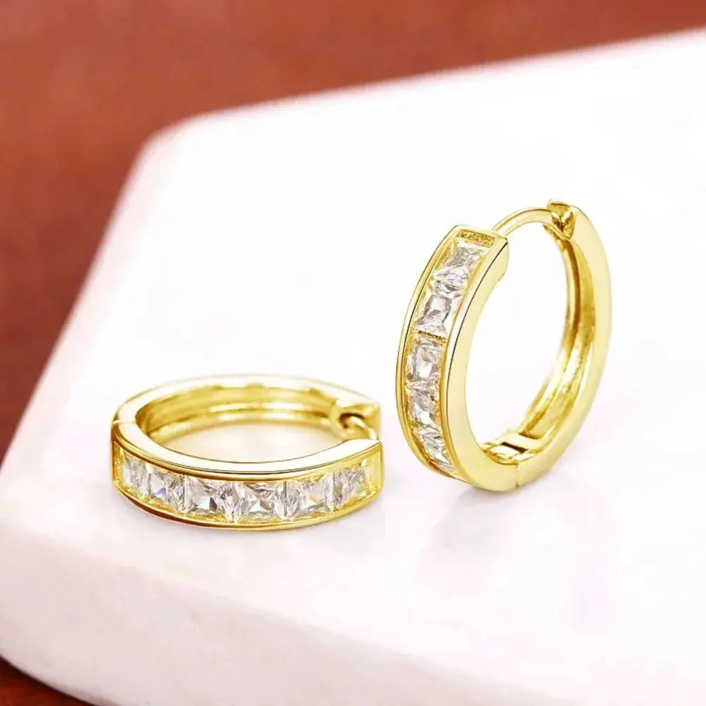 Huitan Classic Design Women Hoop Earrings With Princess Square CZ Zircon Silver Gold Plated Elegant Jewelry