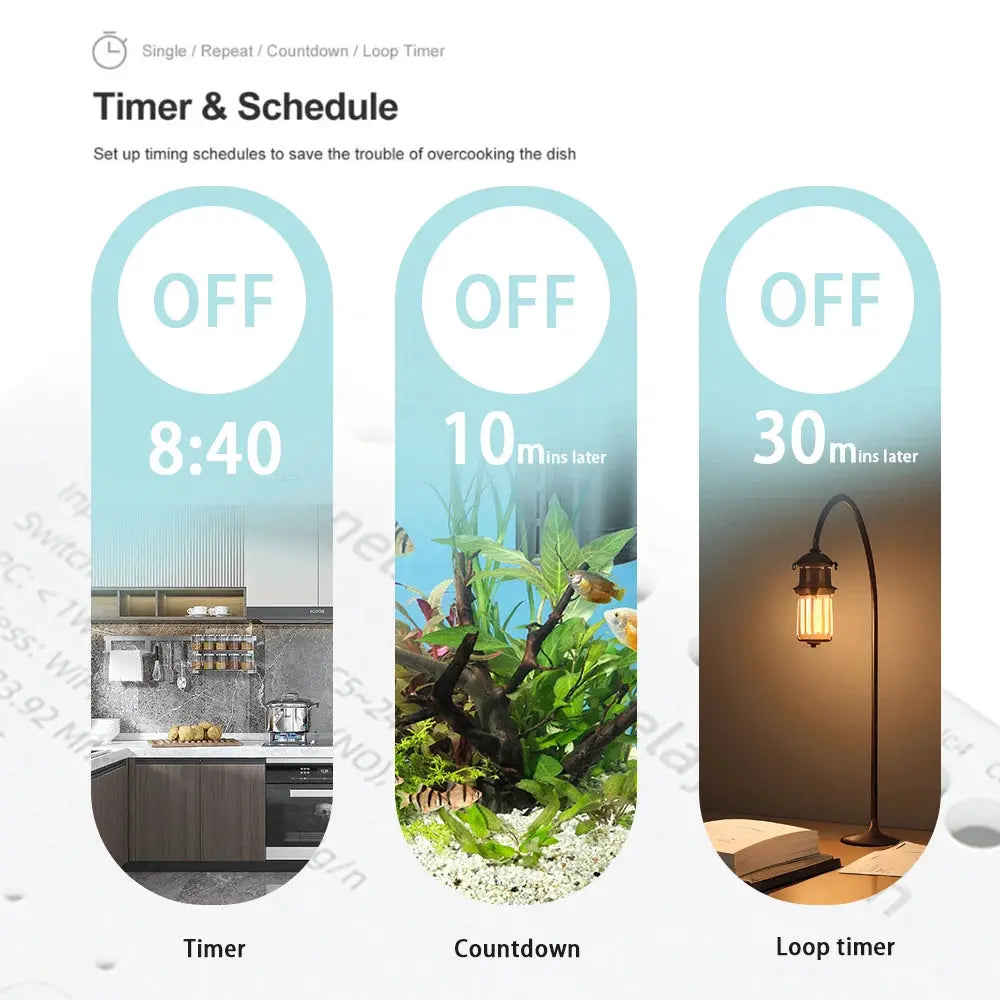 WIFI smart Timer & Schedule interface with OFF indicators and three modes: Timer, Countdown, Loop timer.