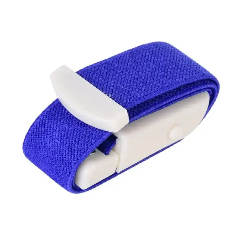 Emergency tourniquet with blue fabric strap and white plastic buckle
