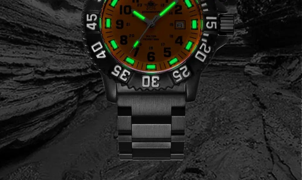 ADDIESDIVE luxury men's quartz watch with orange dial, green luminous markers, and stainless steel strap