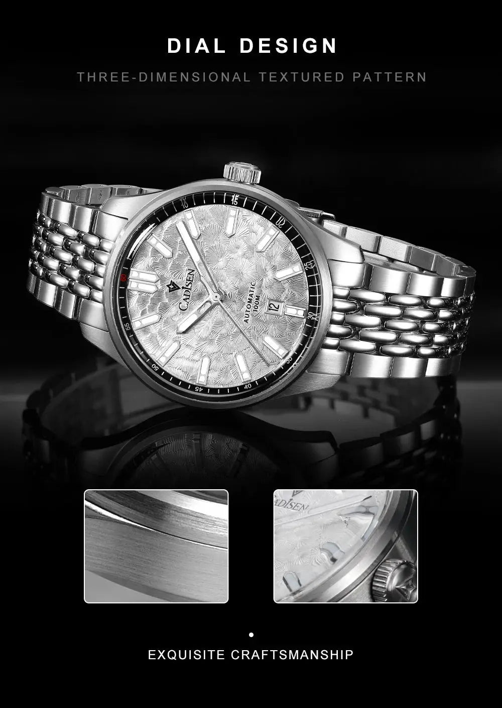 CADISEN 2026 automatic mechanical men's watch with textured silver dial and black bezel on a stainless steel bracelet