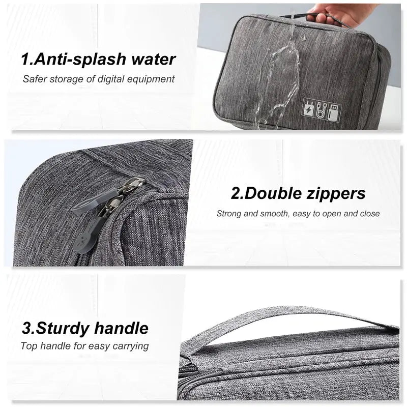 Simples Market travel cable storage bag, gray waterproof case with double zippers and sturdy top handle