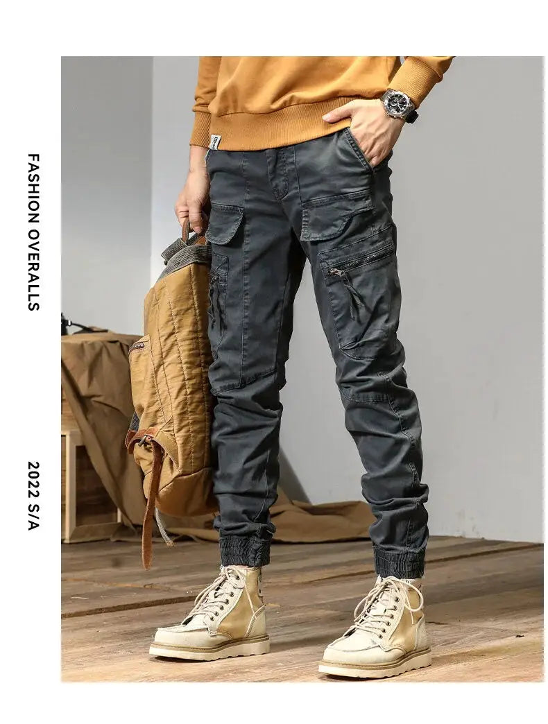 CAAYU men's gray cargo joggers with multiple pockets and zippered side pockets, tapered cuffs