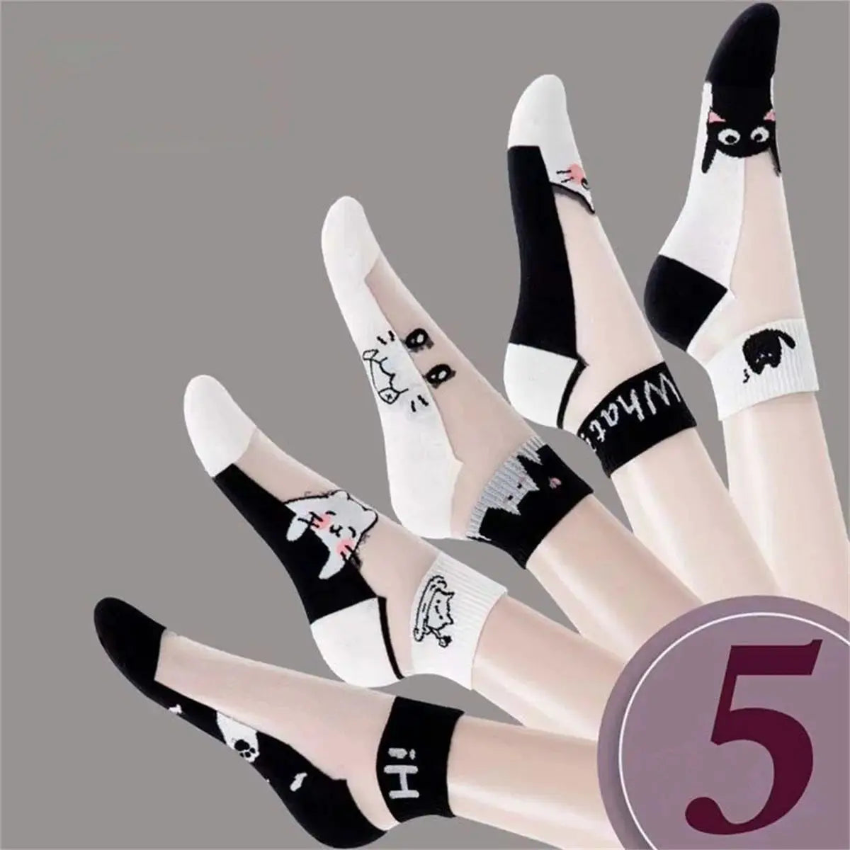 Dreamlikelin 5 Pairs Pack Breathable Summer Socks Black And White Cat Pattern Short Socks For Women