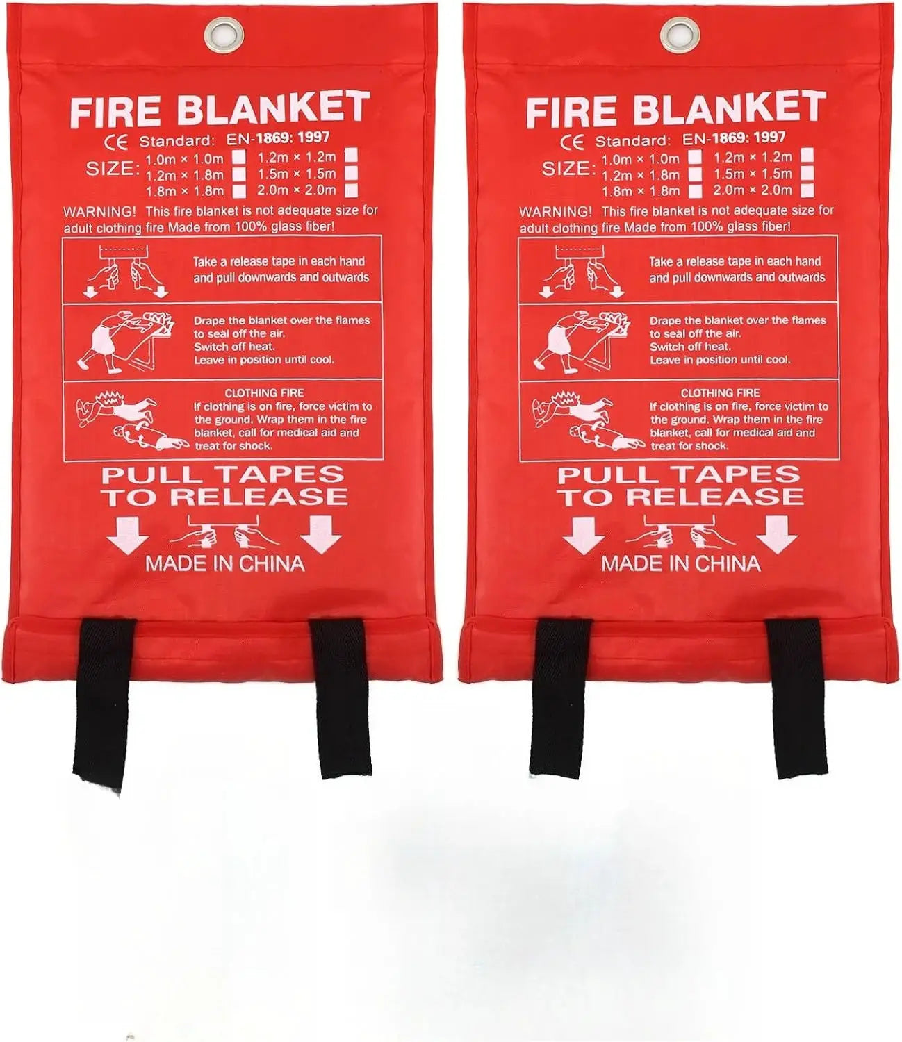 Emergency fire blanket pair by Simples Market, red fiberglass flame retardant home safety blankets with black straps
