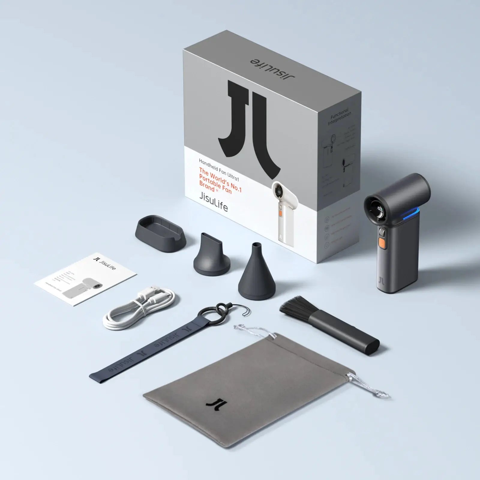 JISULIFE portable turbo handheld fan by Simples Market; gray handheld fan with 9000 mAh battery and accessories.