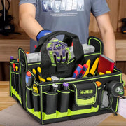 JAKAH 40-pocket tool tote organizer in black with neon green accents, filled with hand tools